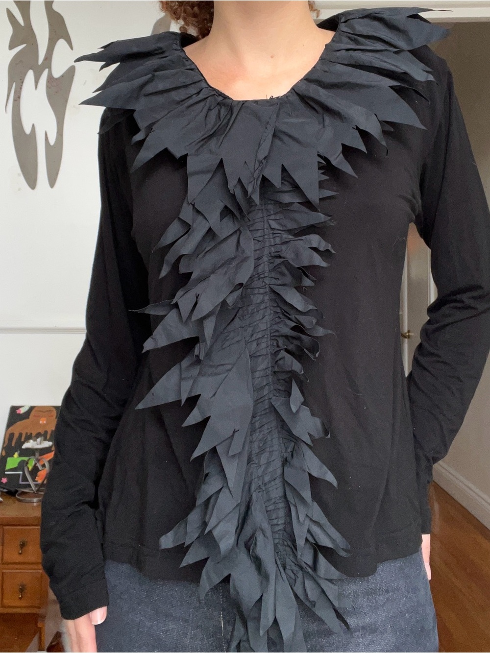 Black Long-Sleeve Ruffle Front Women’s Top